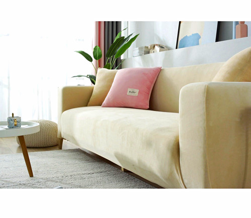 Beige solid sofa slipcover - sofa,